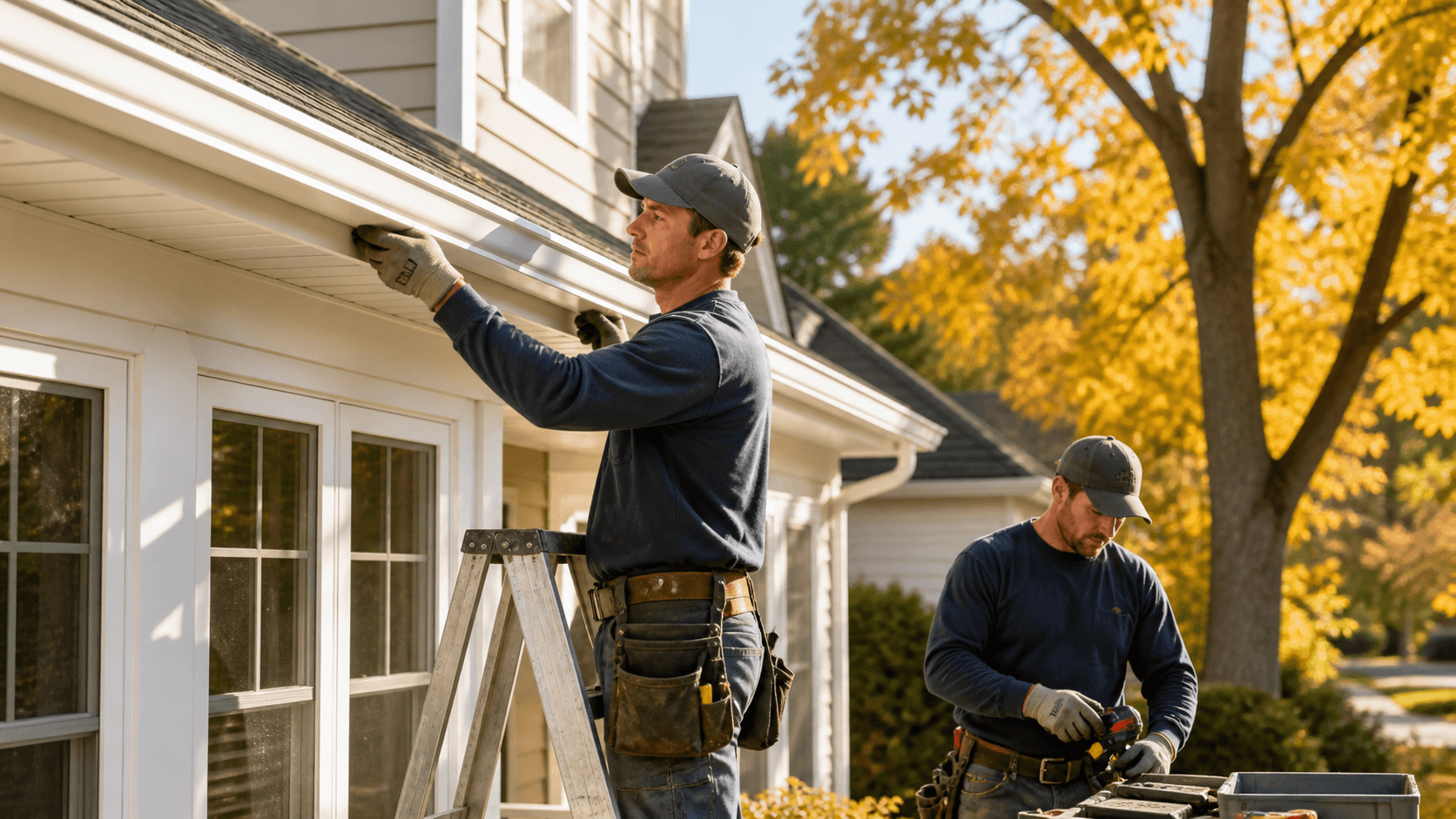 Aluminum gutters being installed along a roofline beneath golden early fall leaves and a clear blue sky.