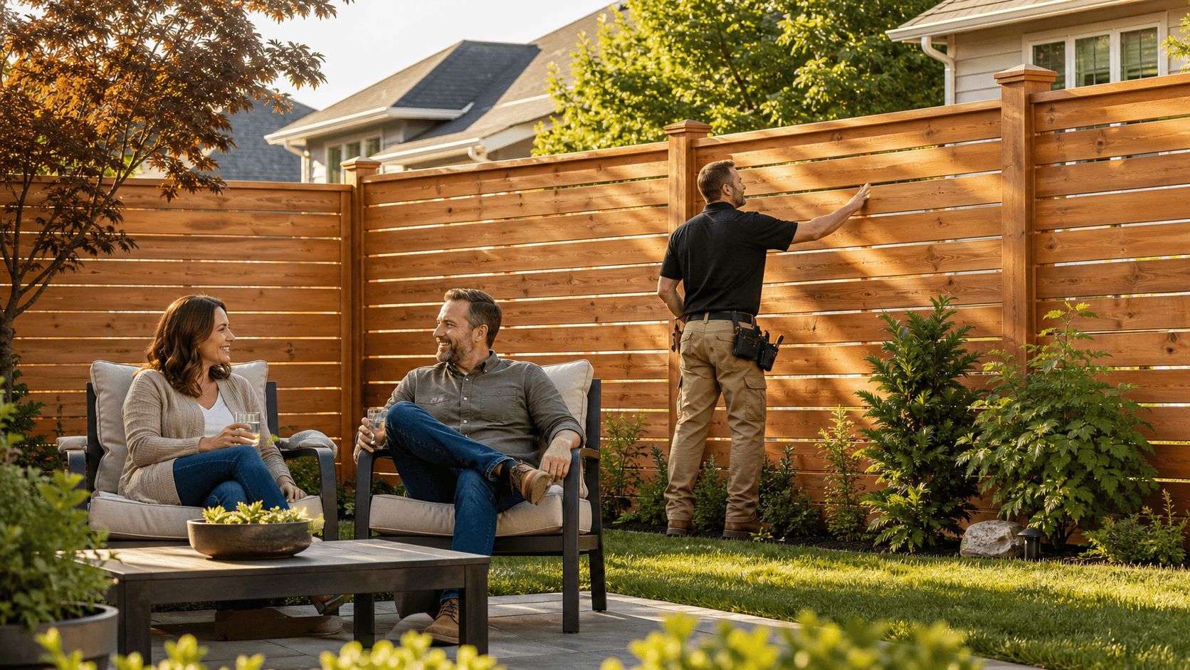Sunlit backyard with a tall wooden privacy fence, green lawn, patio furniture, and leafy trees.