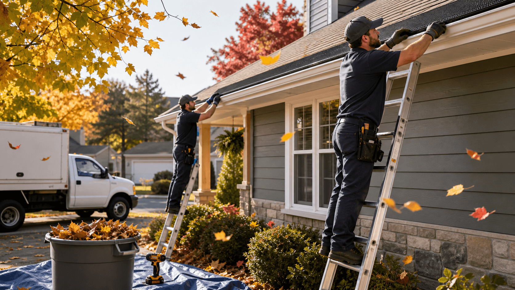 Sunlit suburban house roofline with gutter guard mesh, surrounded by orange and yellow autumn leaves