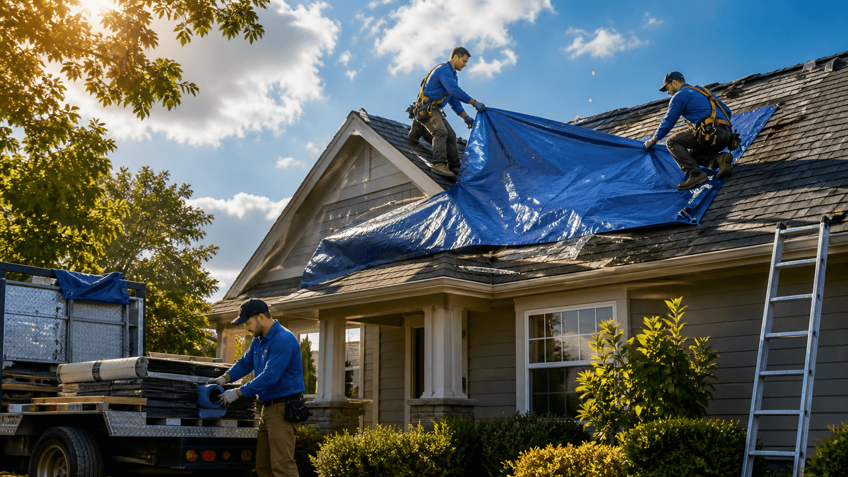 Roofers secure a blue tarp over a storm-damaged roof beneath dark, windblown clouds.