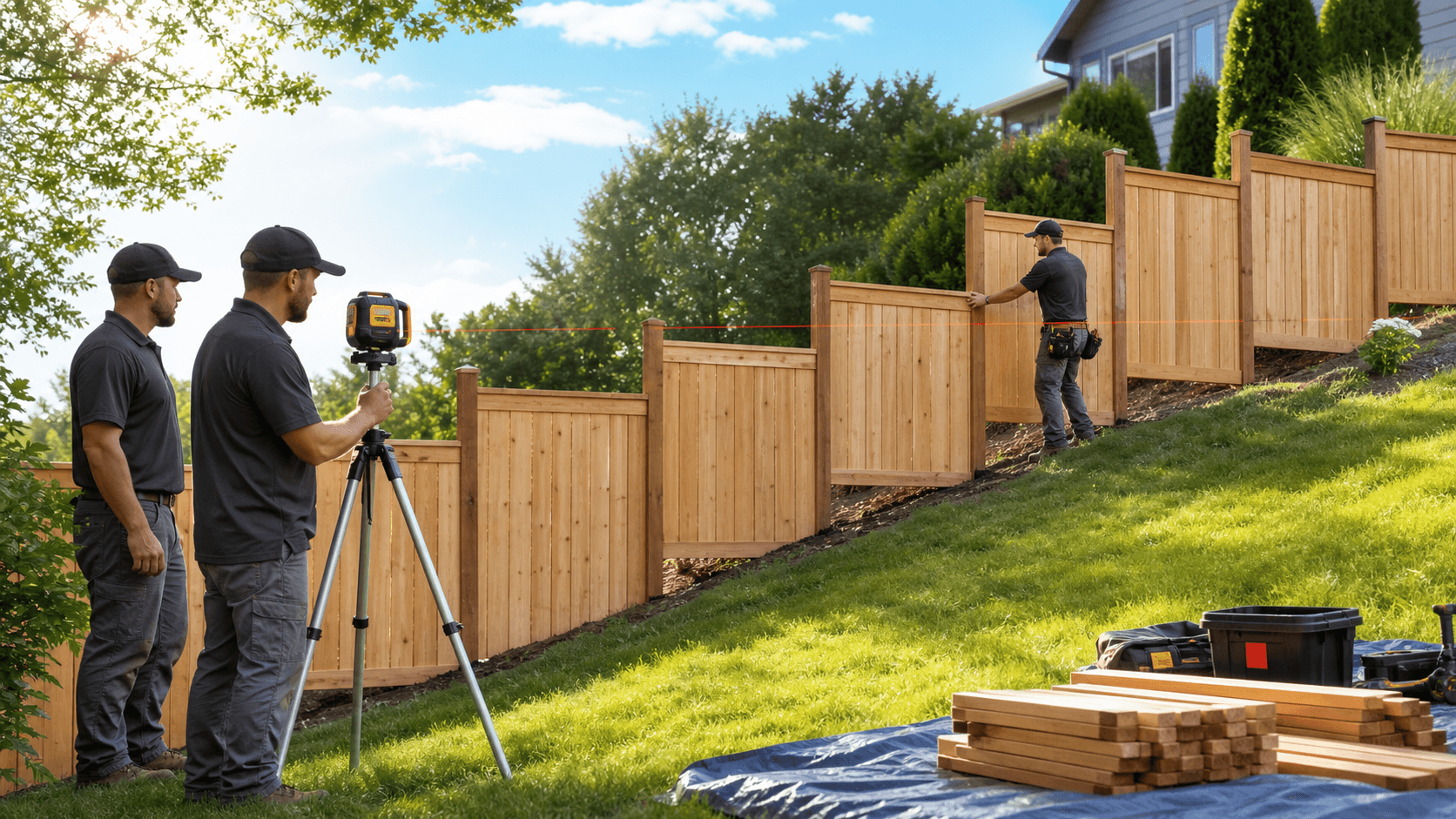 Wooden fence stepping down a sloped green yard, sunlight casting shadows, tools and posts in the foreground