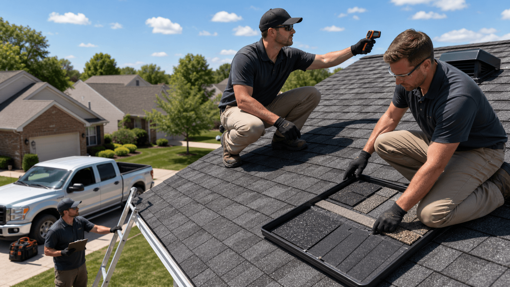 Split scene of a shingled roof under blazing sun on one side and falling hail under storm clouds on the other