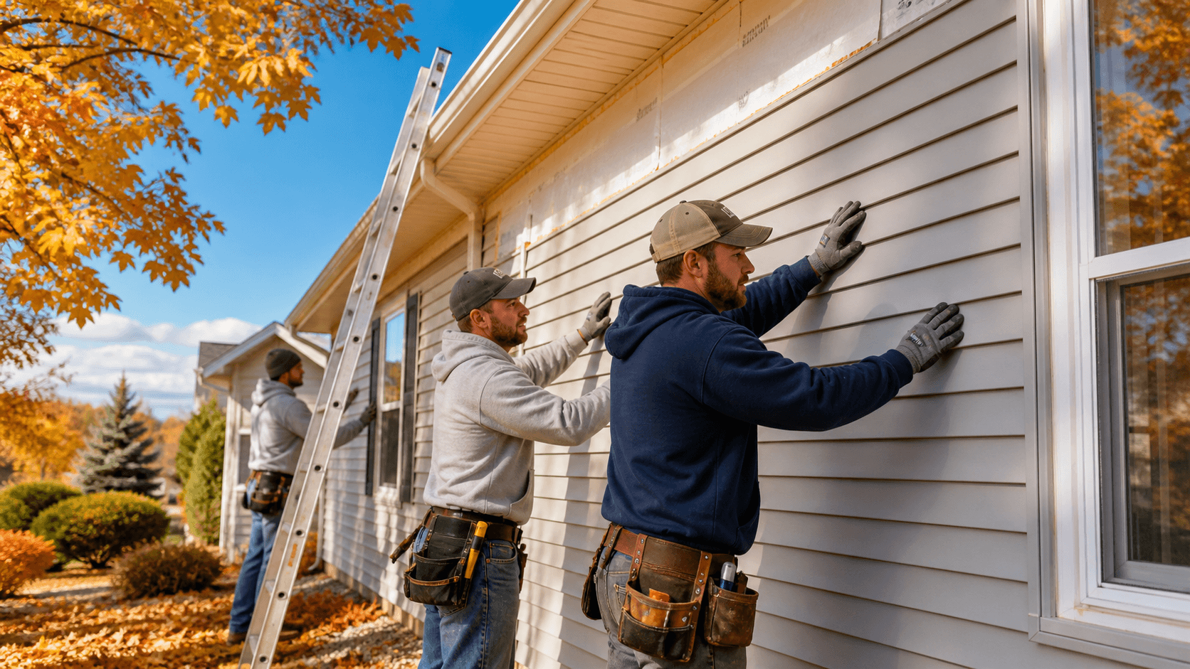 Worker installing white vinyl siding on a house exterior under a clear blue sky.