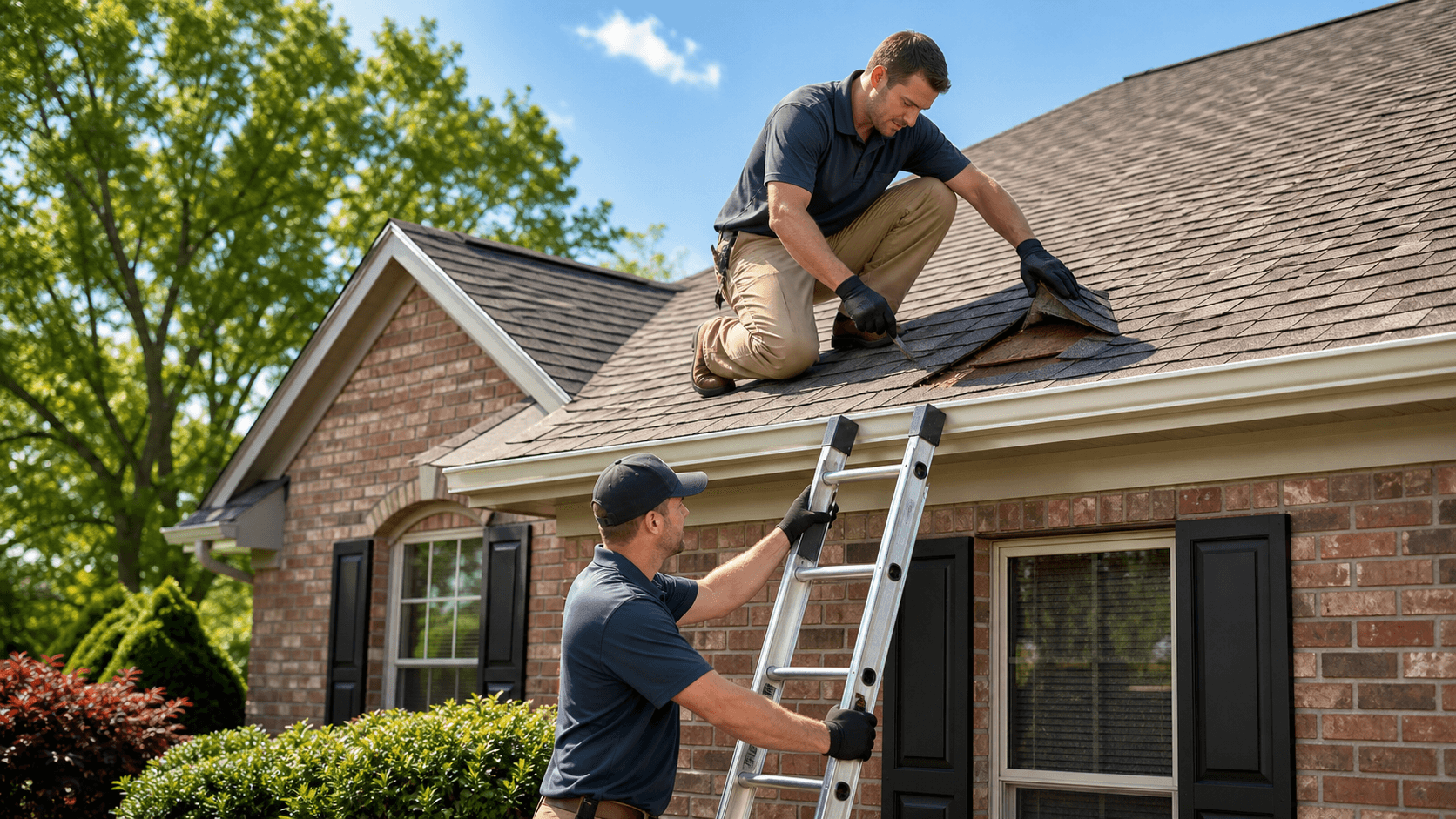 Rain-soaked shingle roof with dark water stains and a cloudy gray sky over a suburban home