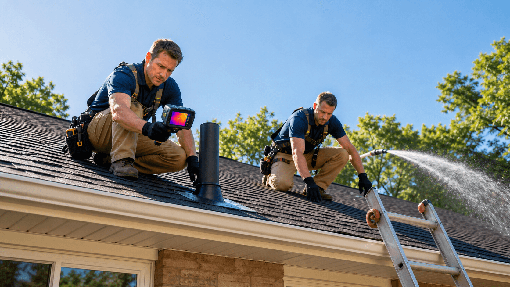 Sunlit suburban house roof with fresh shingles and a clear blue sky, shown from a low angle with warm light