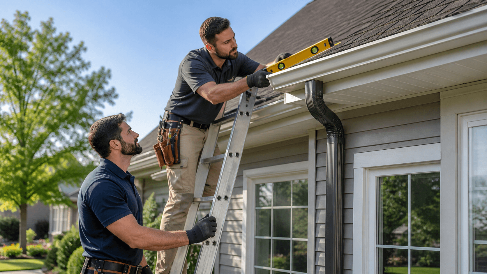 Two roofers in safety gear inspect a white gutter along a sunlit suburban home's roofline.
