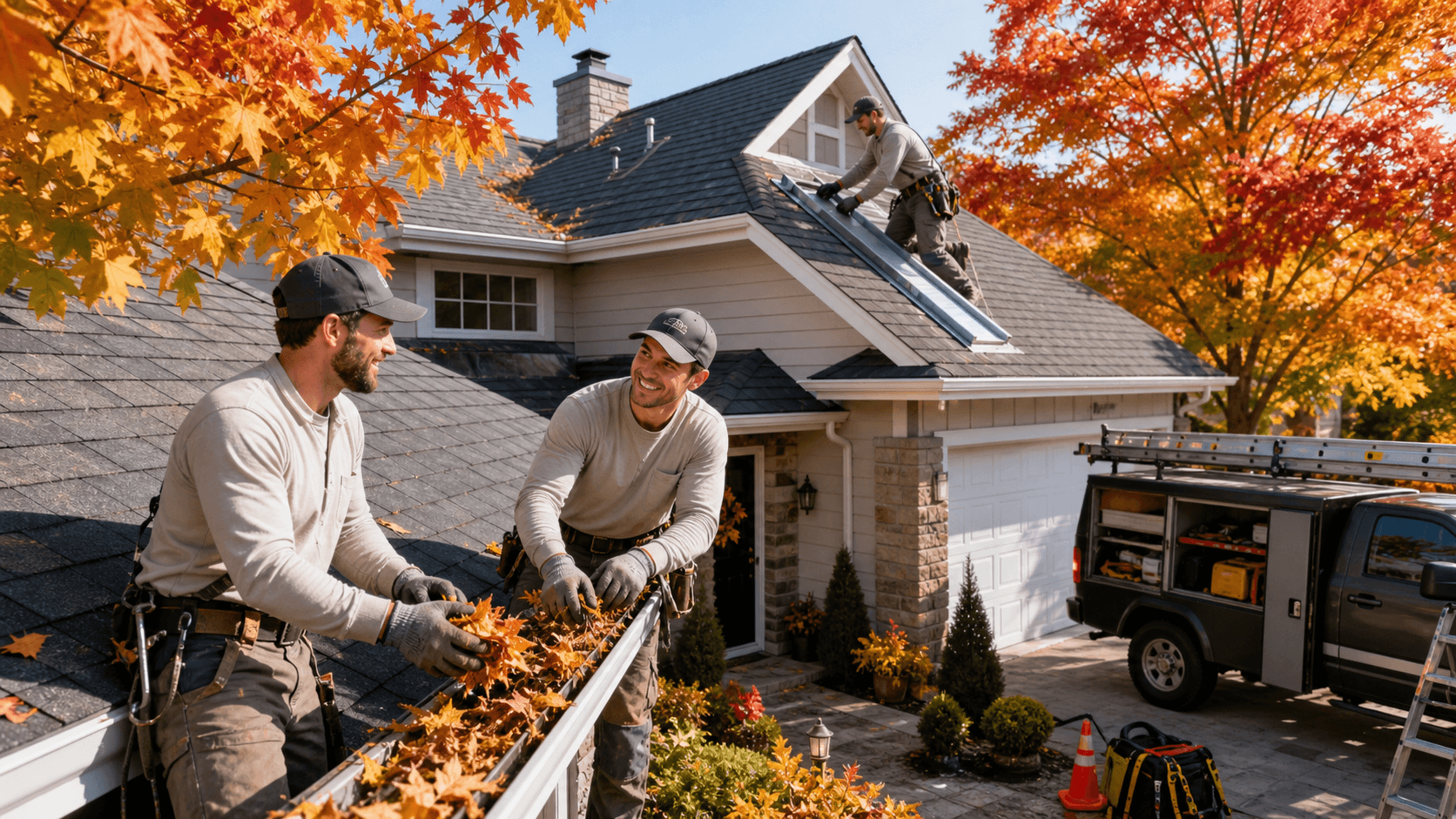 Roofer in safety gear inspects brown shingles beside autumn trees under a clear blue sky.