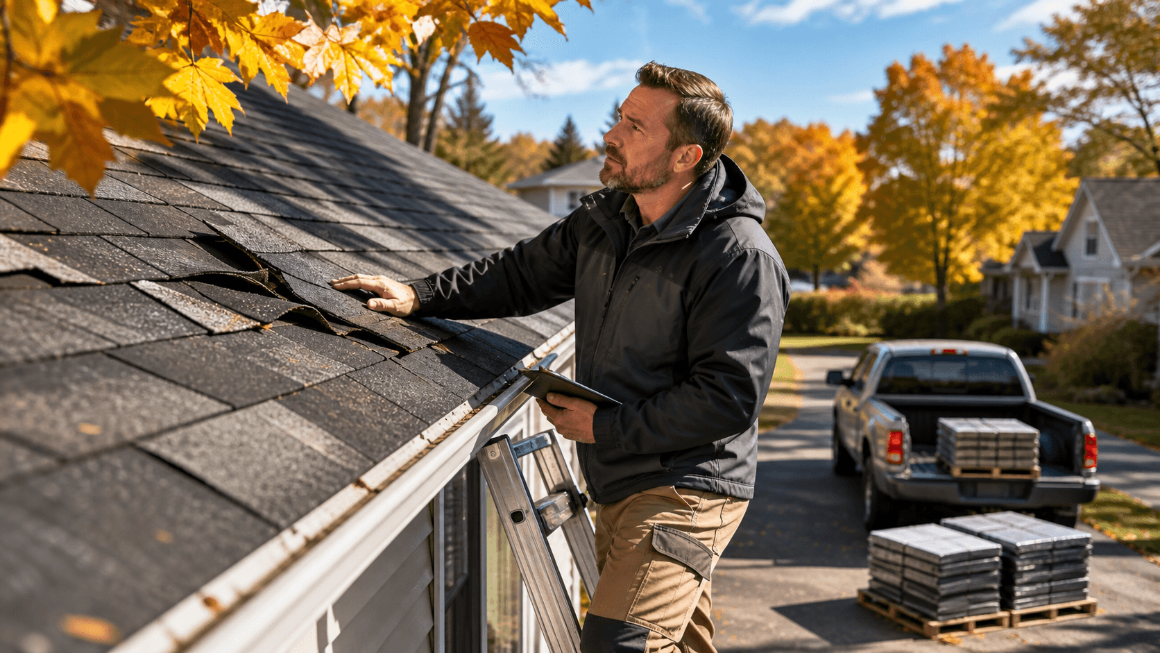 Contractor inspects a shingled roof with autumn trees and golden leaves in soft daylight.