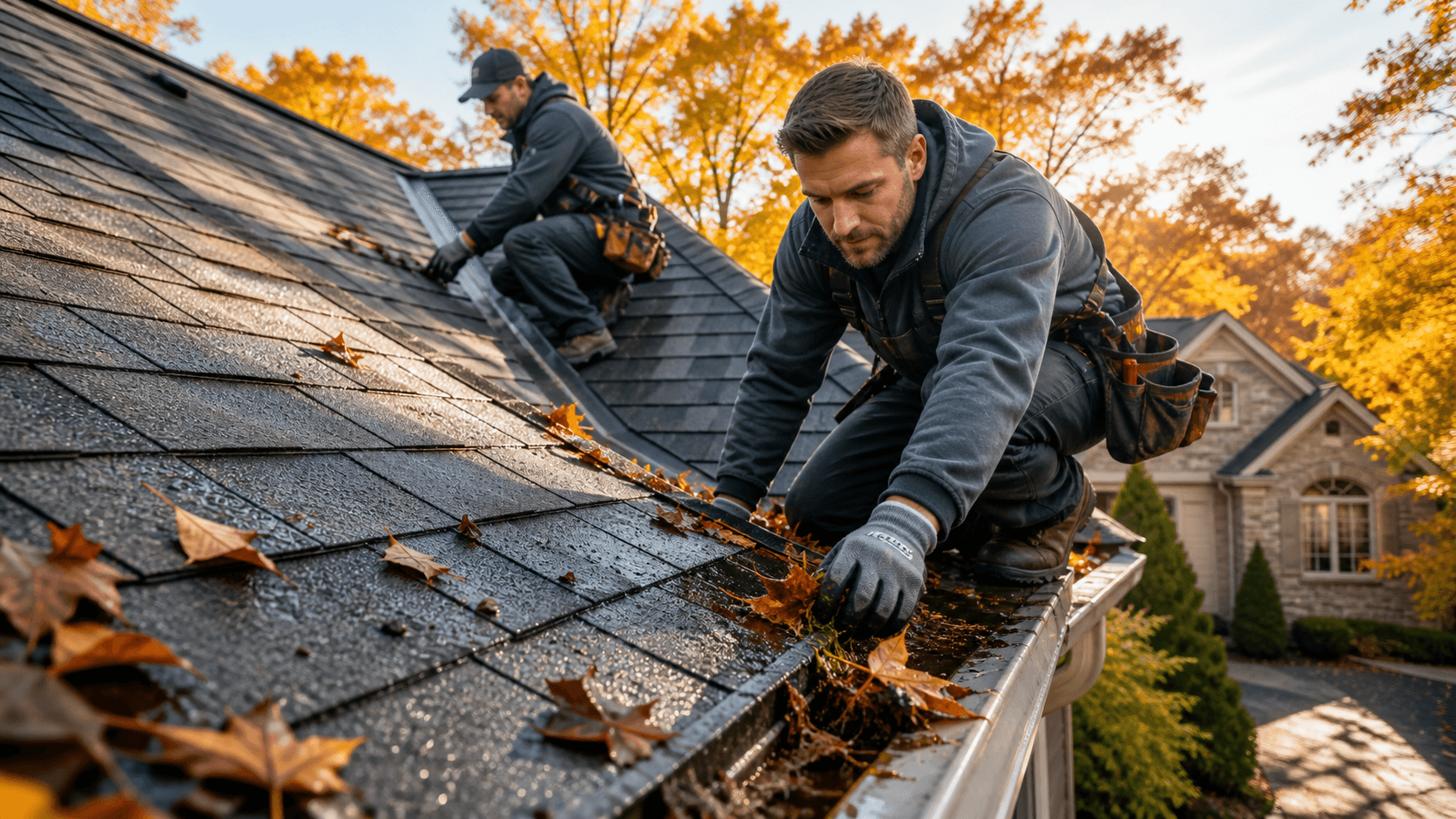 Wet autumn leaves and raindrops cover dark roof shingles beneath an overcast sky.